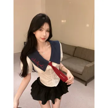 XIANSINIAO Two Piece Skirt Sets Women's White Shirt With Free Tie+Black Skirt