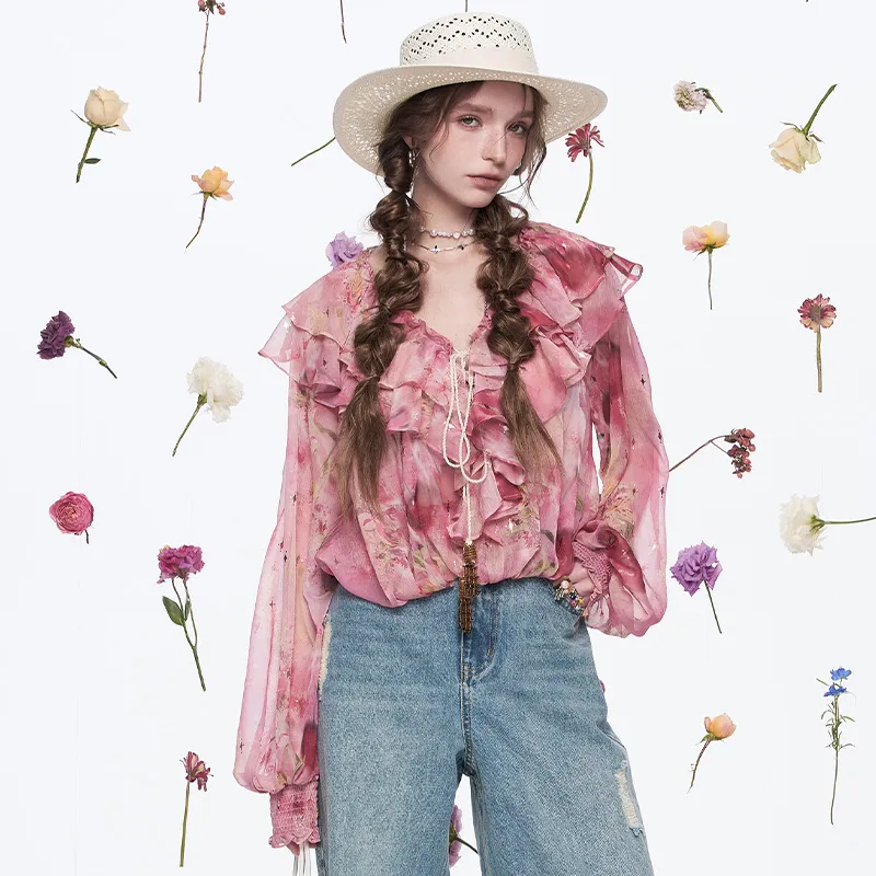 ELF SACK Chiffon Shirt Women's Floral Pink-2