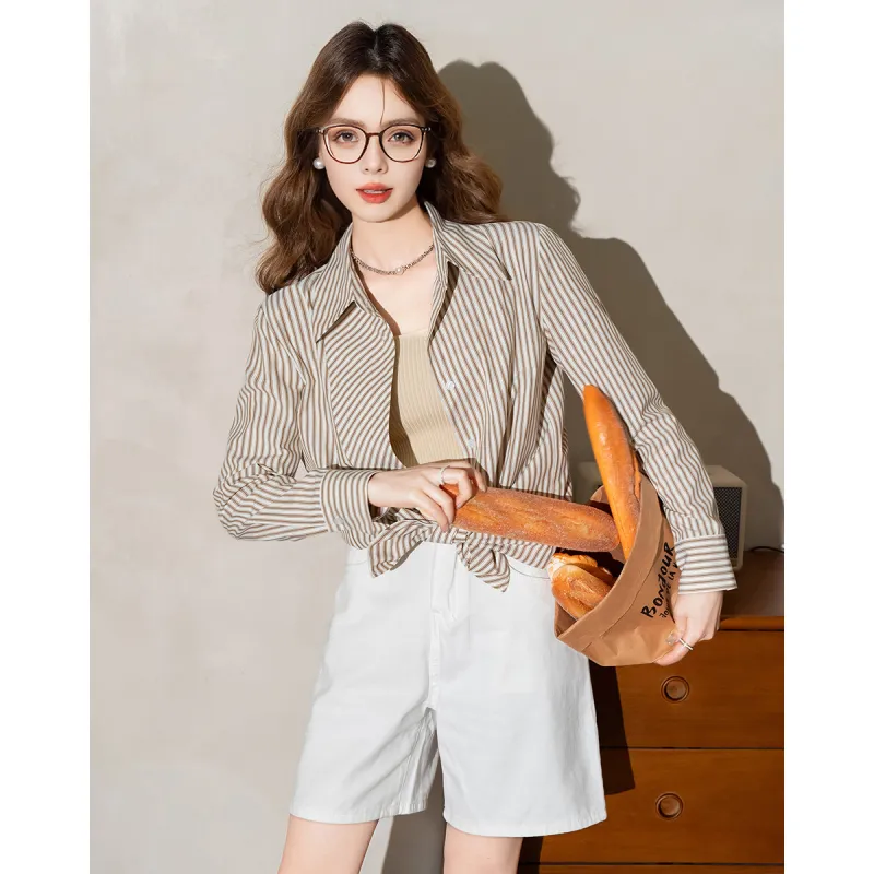 FAWENXIANGZI Shirts Women's Khaki Stripes-5