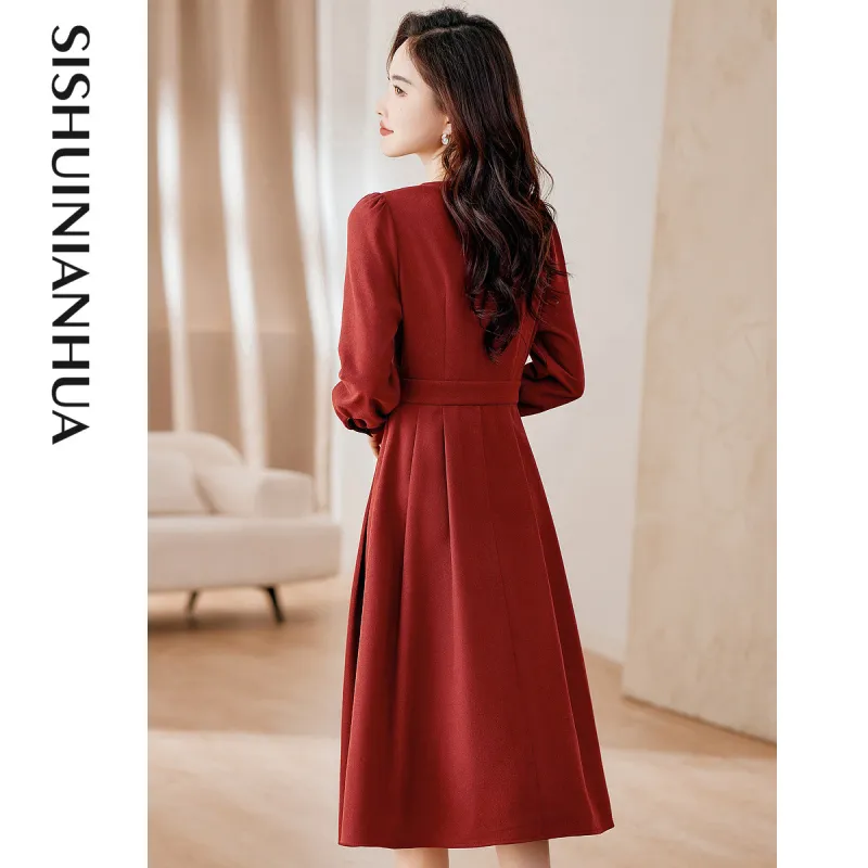 Like The Age Of Water Fall, Winter Long Sleeved Dress Slim Fit Women's Red-3
