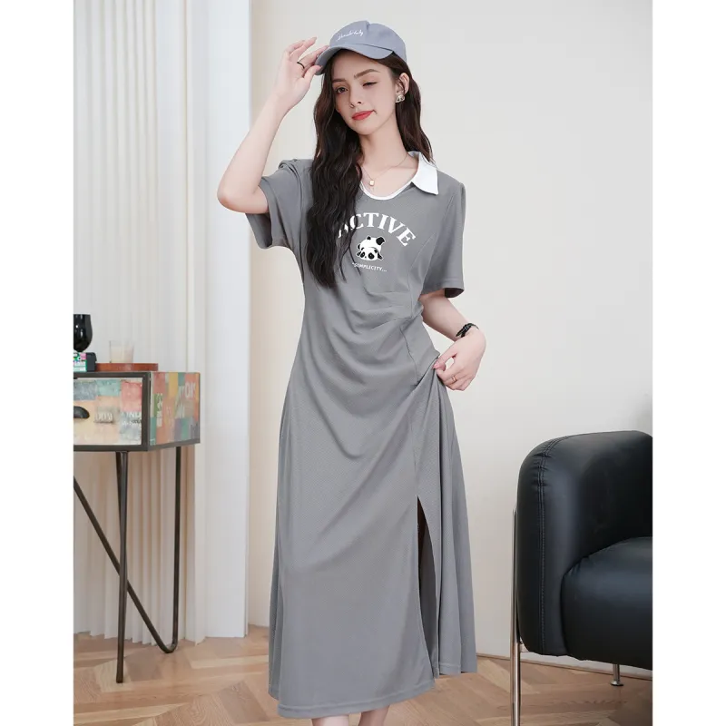 FAWENXIANGZI Short Sleeved Dress Women's Light Gray-3