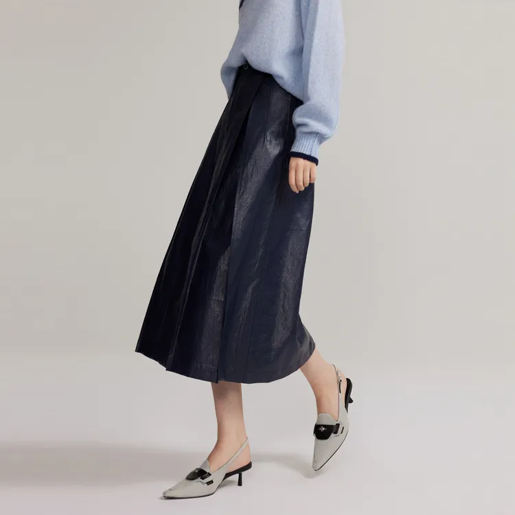 ELLE Leather Long Skirts Women's Navy Blue-2