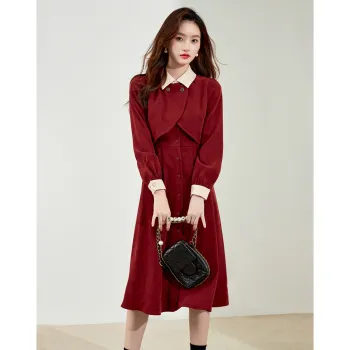 Love Elaine Spring, Fall Long Sleeved Dress Cinched Waist Women's Red