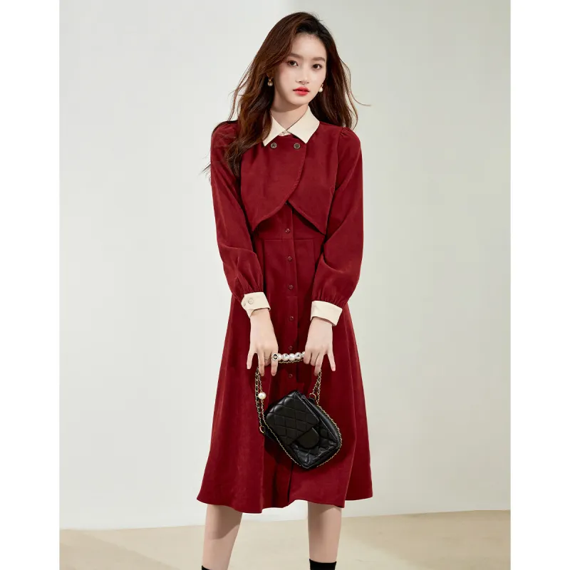 Love Elaine Spring, Fall Long Sleeved Dress Cinched Waist Women's Red-0