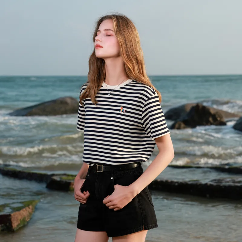 3COLOUR T Shirt Women's Navy Blue Stripes-6