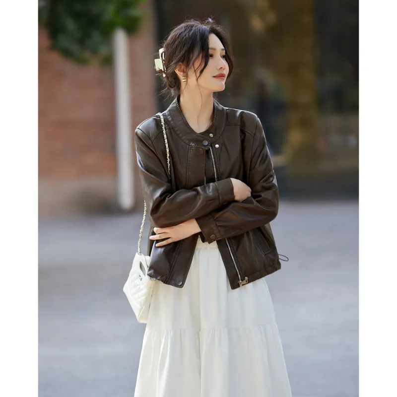 TERRE BLEUE Spring Fall Leather Jacket Loose Fit Women's-3