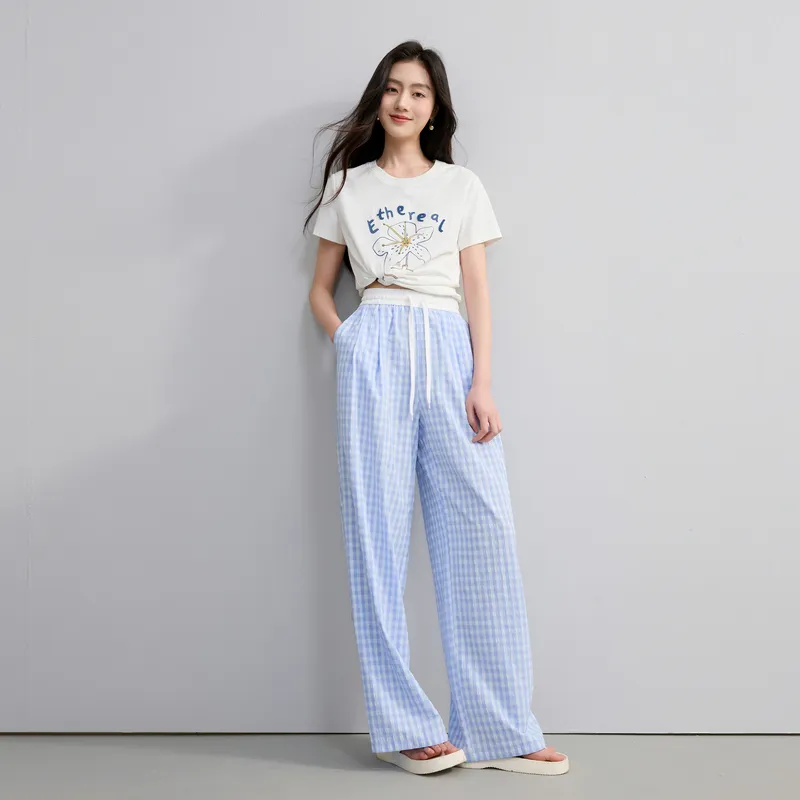 3COLOUR Casual Pants Women's Sky Blue Plaid-5