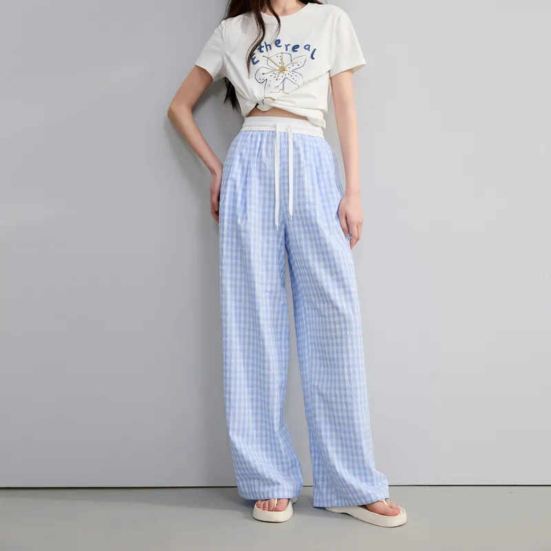 3COLOUR Casual Pants Women's Sky Blue Plaid-2