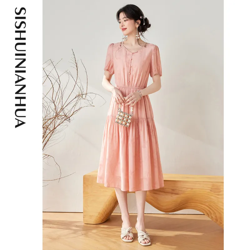 Like The Age Of Water Summer Short Sleeved Dress Cinched Waist Women's Pink-2