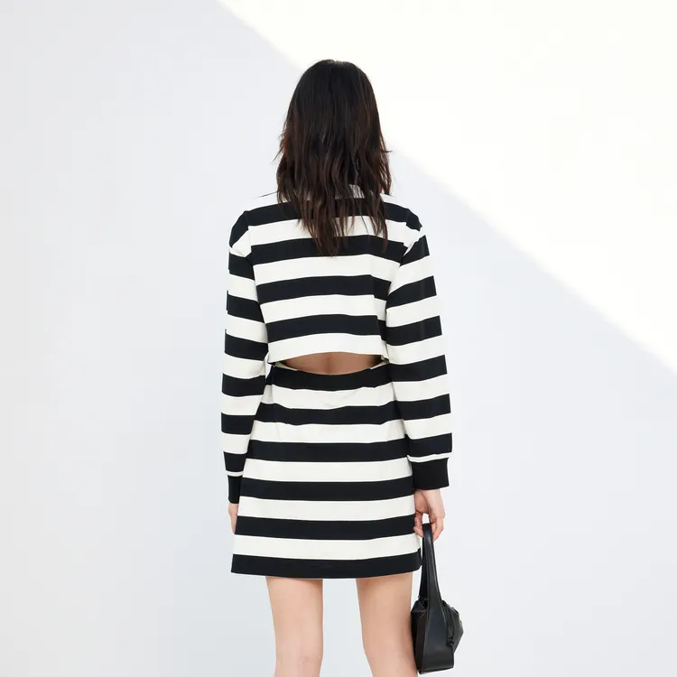 MO&CO Long Sleeved Dresses Women's Black White Stripes-2