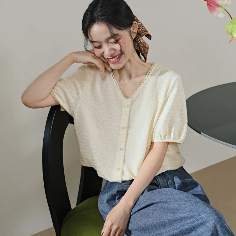 KUOSE Puff Sleeve T Shirt Women's Beige Apricot-2
