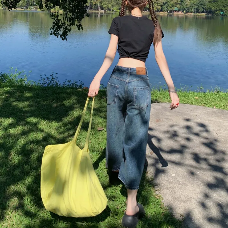 ZNZX Universal For All Seasons Casual Pants Loose Fit Women's Vintage Blue Calf Length-5