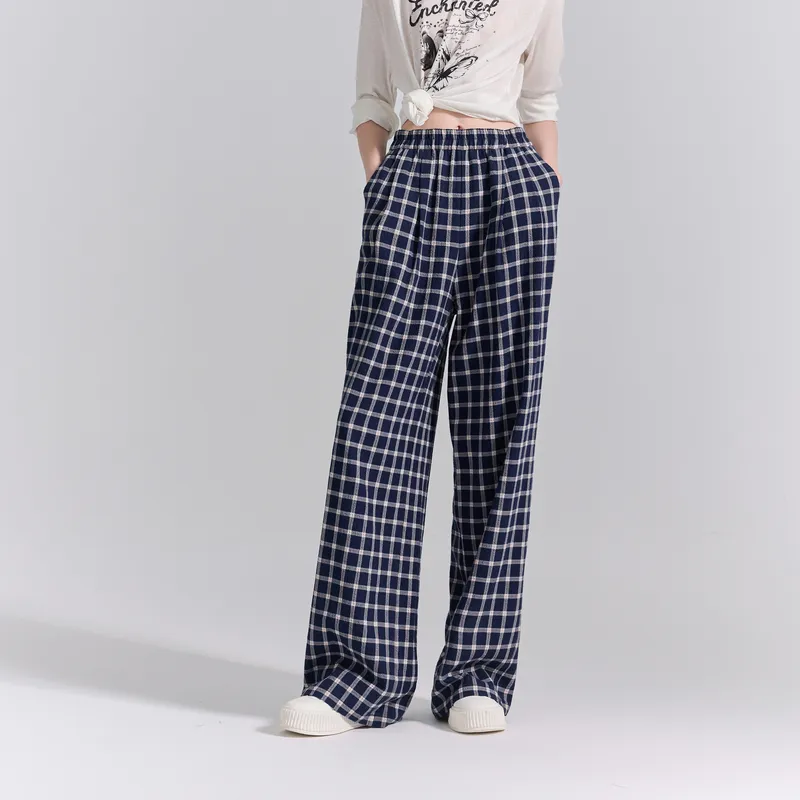 3COLOUR Casual Pants Women's Deep Sea Blue Plaid-3