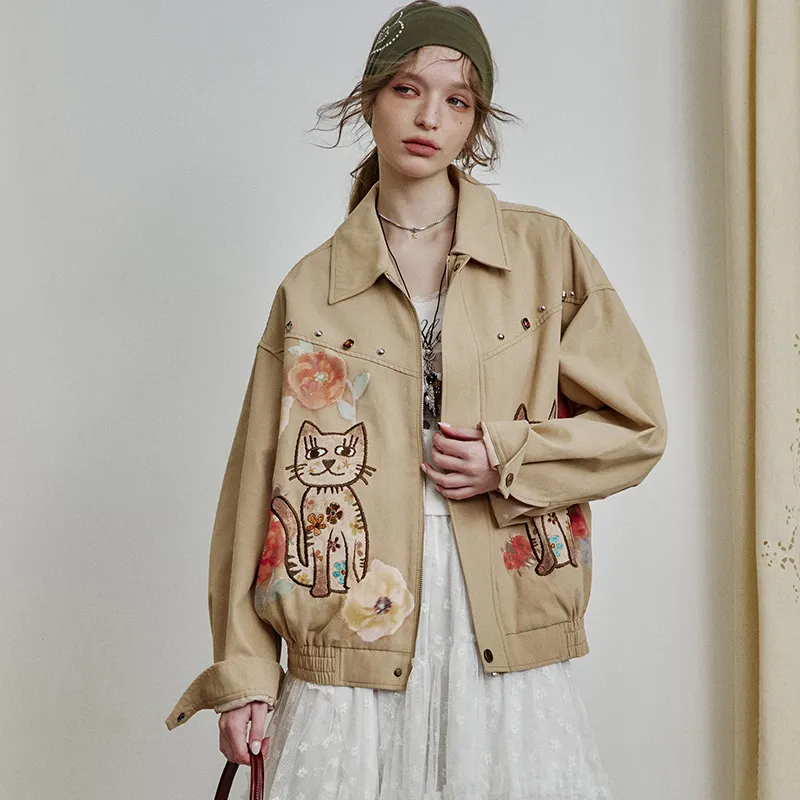 ELF SACK Cropped Coat Women's Cat Khaki-3