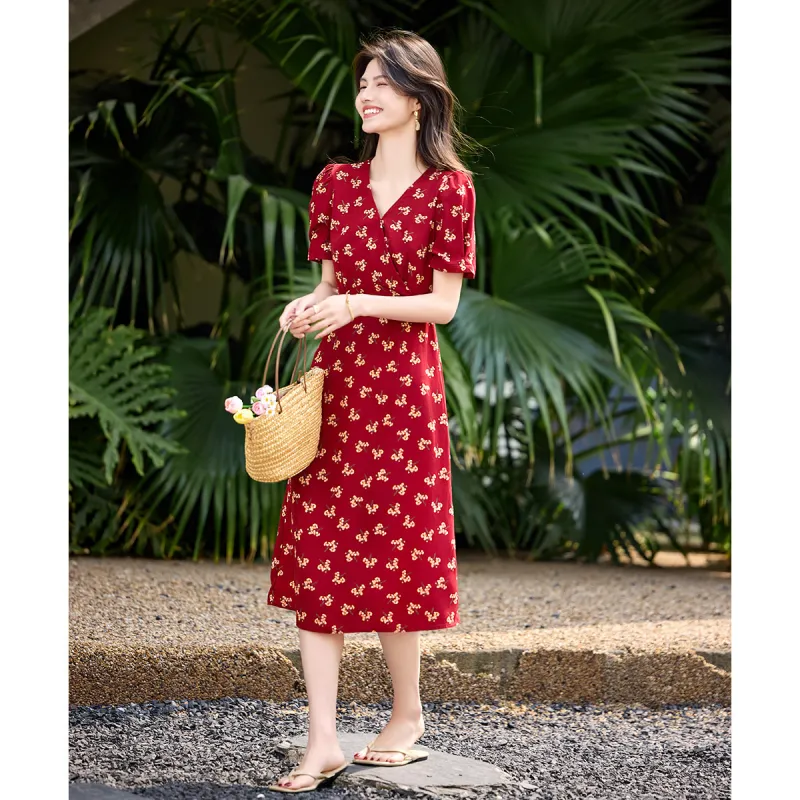 Still Quiet Short Sleeved Dress Women's Red Flower-2