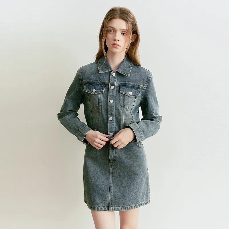 LEDIN Long Sleeved Dress Women's Denim Medium Blue-4