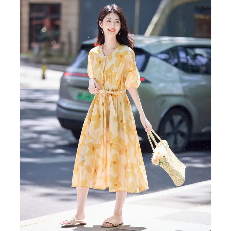 Still Quiet Summer Short Sleeved Dress Cinched Waist Women's-2