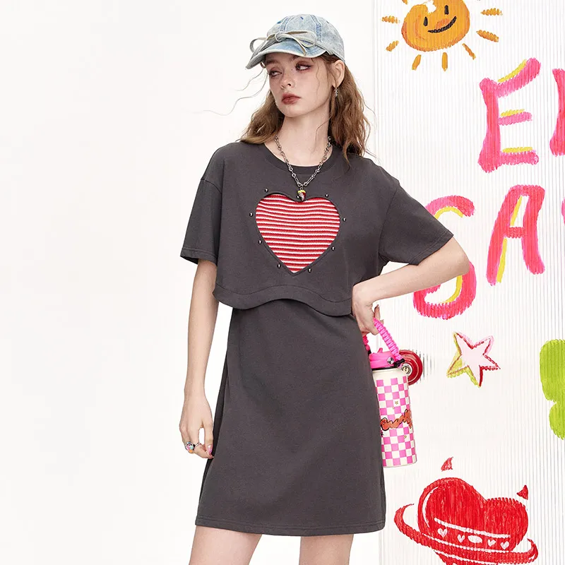 ELF SACK Short Sleeved Dress Women's Heart Gray-5