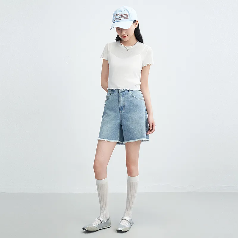 LEDIN Denim Shorts Women's Denim Light Blue In Stock-3