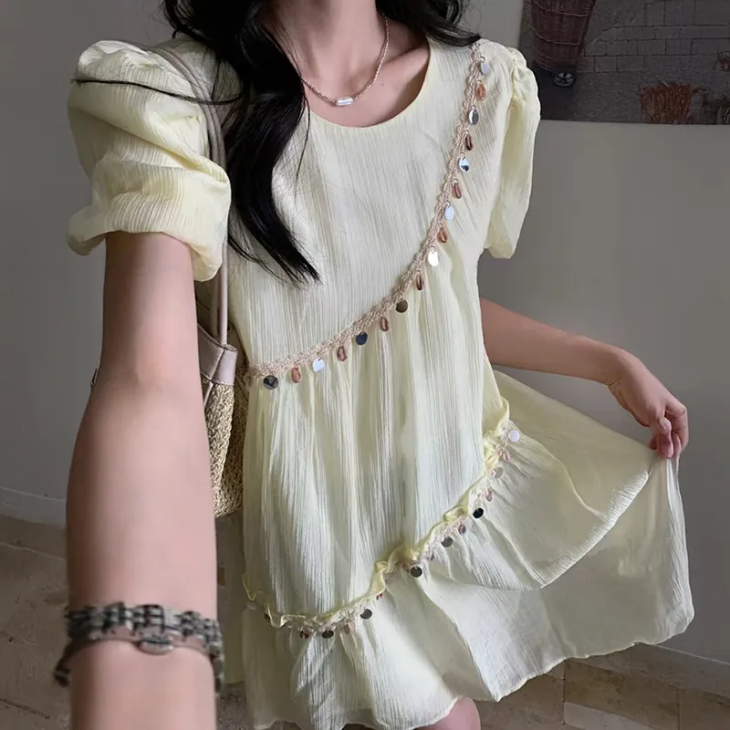 QYPRF Short Sleeved Dress Women's Yellow-1