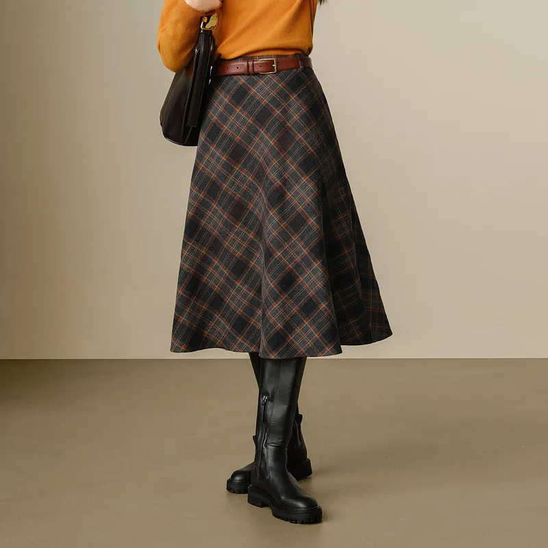 JZ. ANNAKRO Casual Long Skirts Women's Plaid Yellow Green-2
