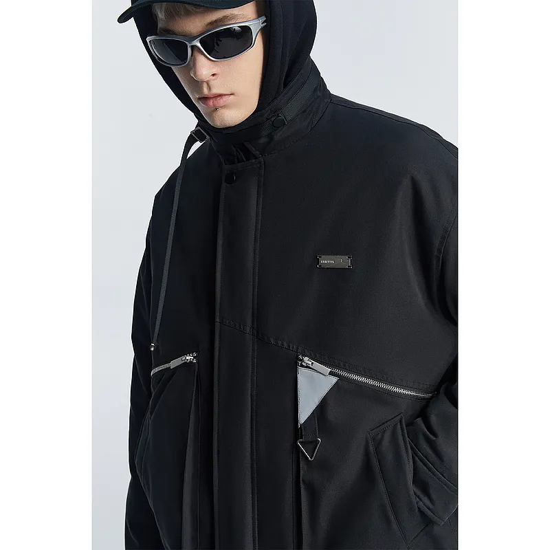 Lilbetter Solid Color Stand Collar Loose Fit Long Puffer Jacket Men's Black-6