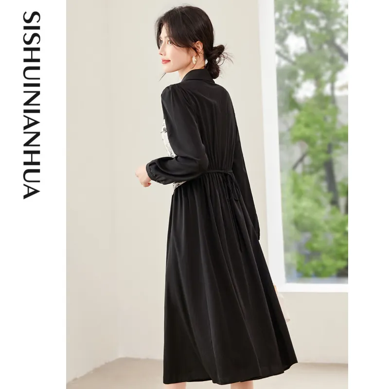 Like The Age Of Water Long Sleeved Dress Slim Fit Women's Black-3