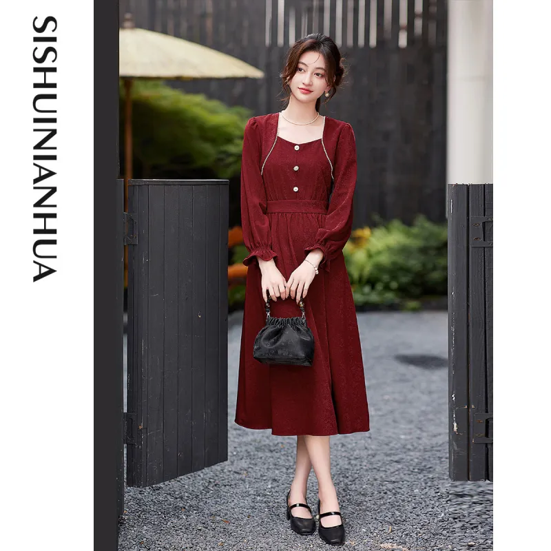 Like The Age Of Water Fall Long Sleeved Dress Cinched Waist Women's Red-2