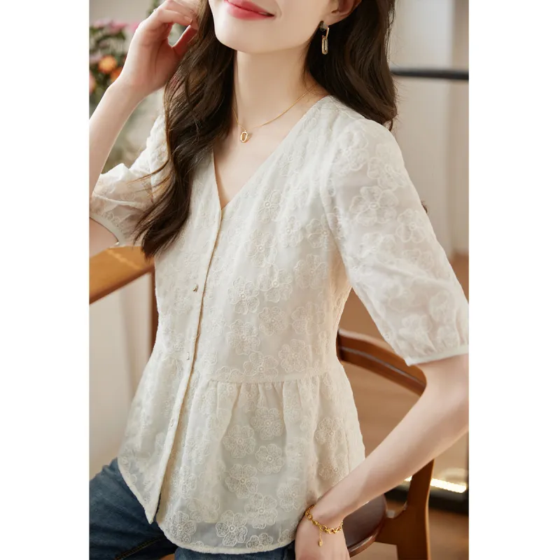 Still Quiet Sheer V Neck Refined Embroidery Shirt Women's-3