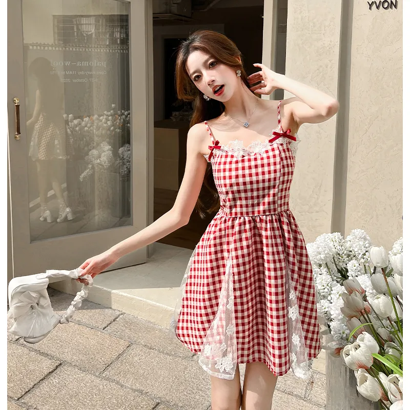 XIANSINIAO Slip Dresses Women's Strawberry Red Plaid-2