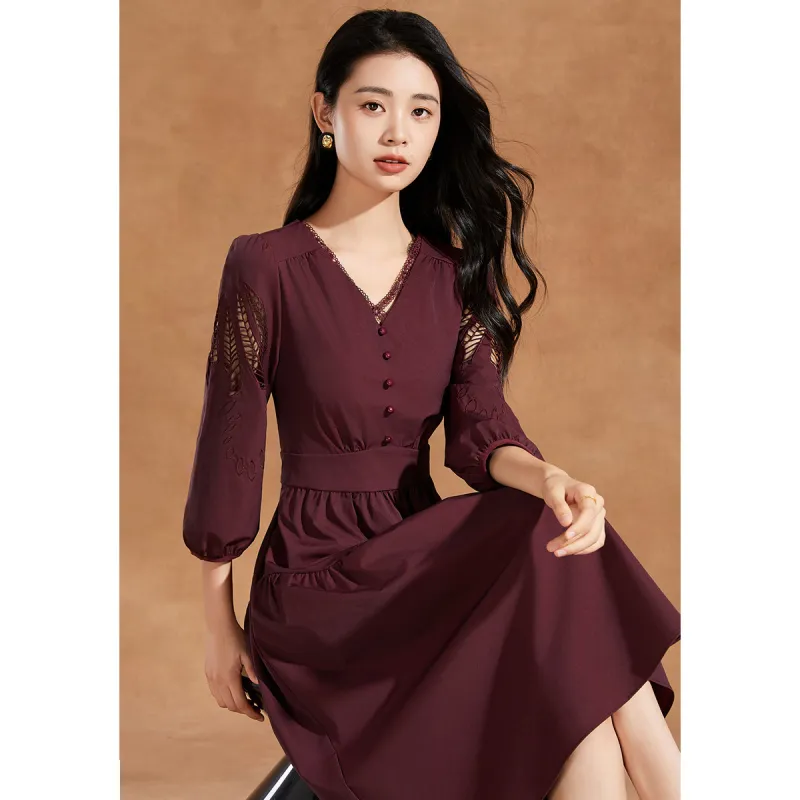 Mylan Spring, Fall Long Sleeved Dress Cinched Waist Women's Fuchsia-2