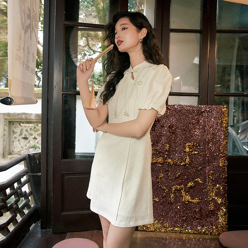 ELF SACK Short Sleeved Dresses Women's Chinese Style White-6