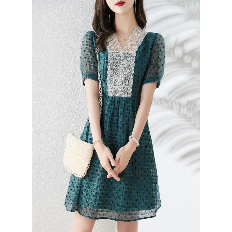 Like The Age Of Water Short Sleeved Dress Loose Fit Women's Blue Green-1