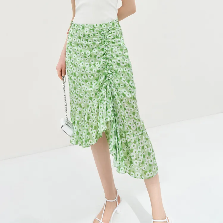 MO&CO Casual Long Skirts Women's White Base With Green Print-5