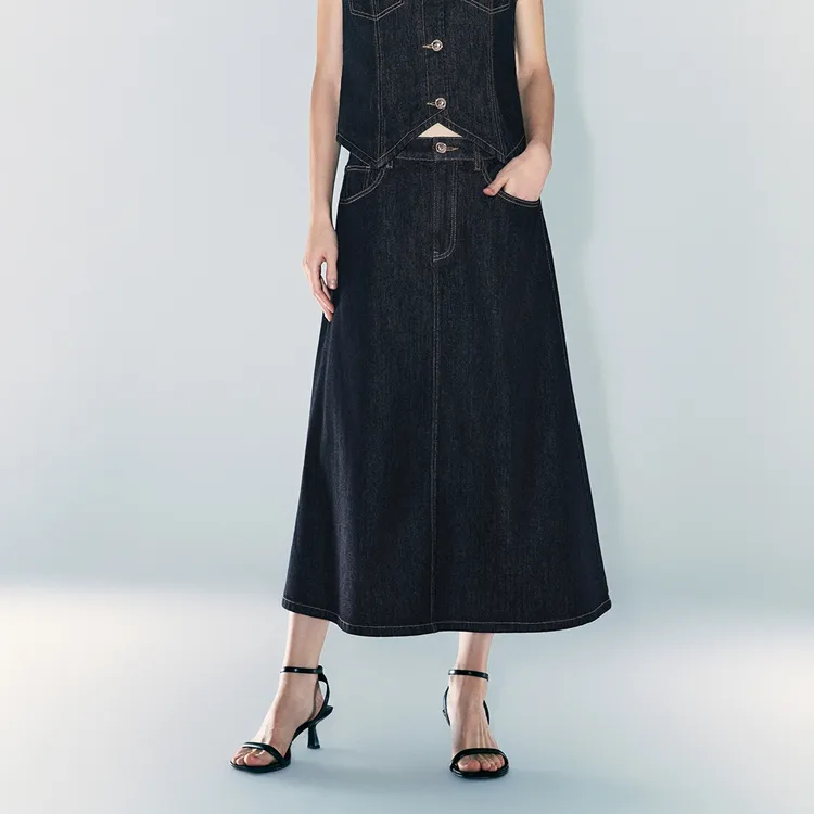 URBAN REVIVO Denim Long Skirt Women's Blue-2