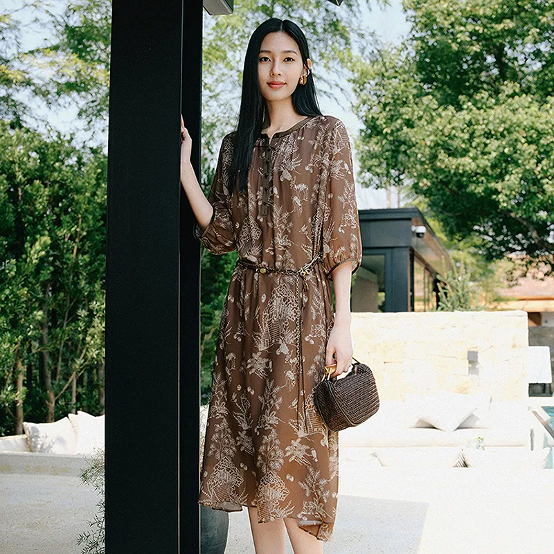 JZ. ANNAKRO Long Sleeved Dress Women's Floral Coffee-4