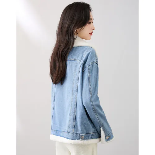 Like The Age Of Water Spring, Fall, Winter Velvet feel Coat Loose Fit Women's Blue