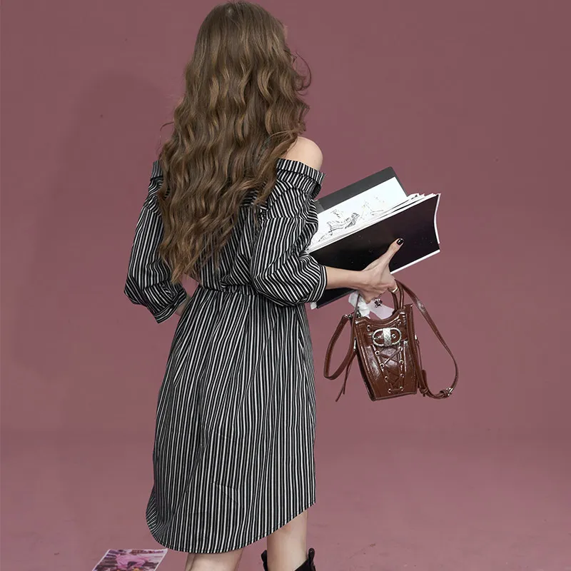 ELF SACK Long Sleeved Dress Women's Black Gray Stripes-2