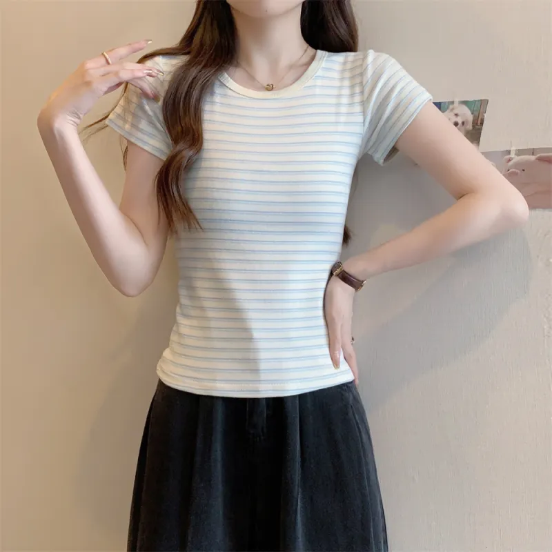 XIANSINIAO T Shirts Women's Blue White Stripes-2