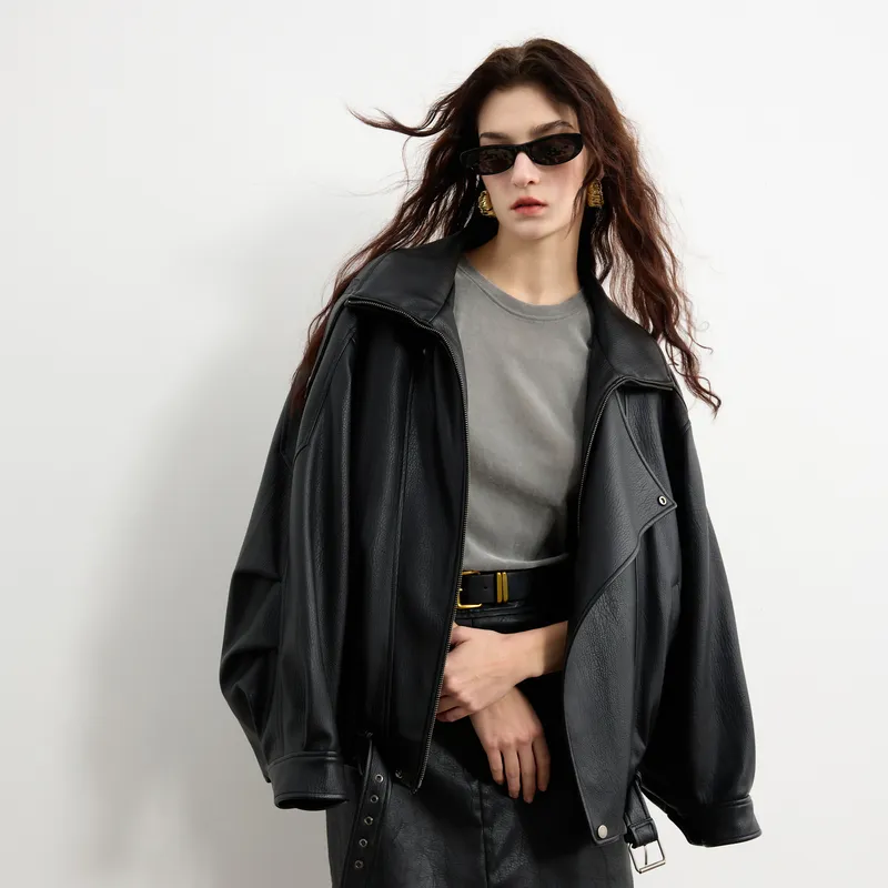 3COLOUR Leather Jacket Women's Classic Black-6