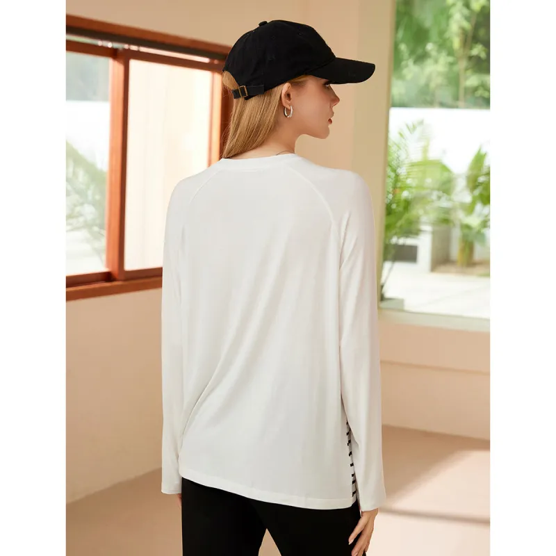 FAWENXIANGZI T Shirt Women's Ecru/Black Stripe-8