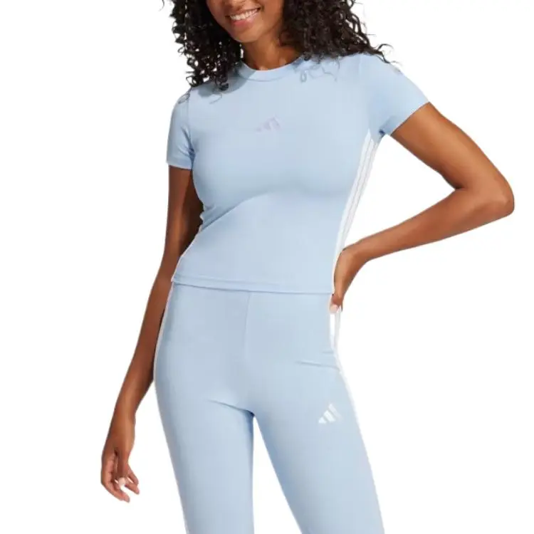 Adidas Women's Essentials 3 Stripes Slim Baby T Shirt Glow Blue/White-1