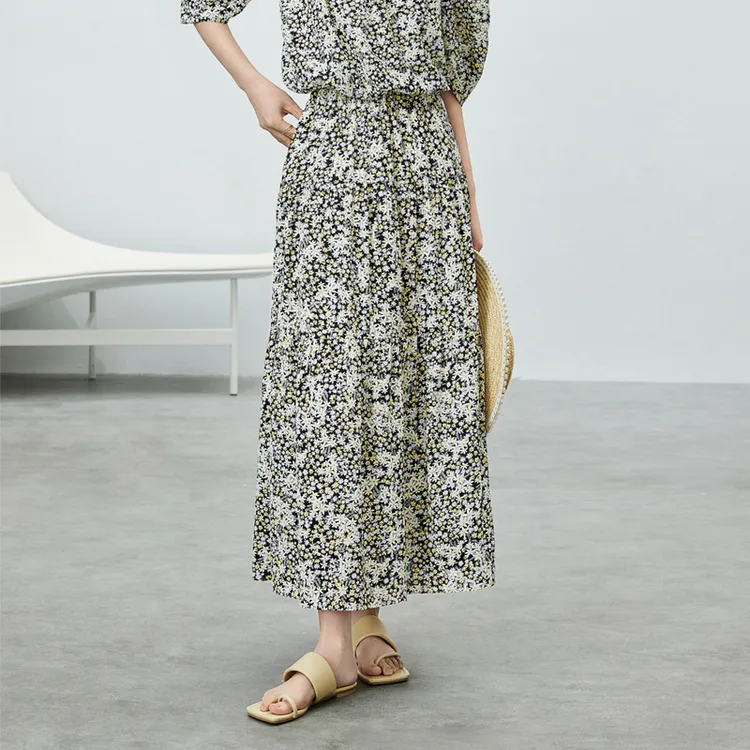 SENTUBILA Casual Long Skirts Women's Black With Yellow Floral-2