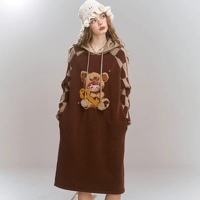 ELF SACK Long Sleeved Dress Women's Vintage Coffee-4