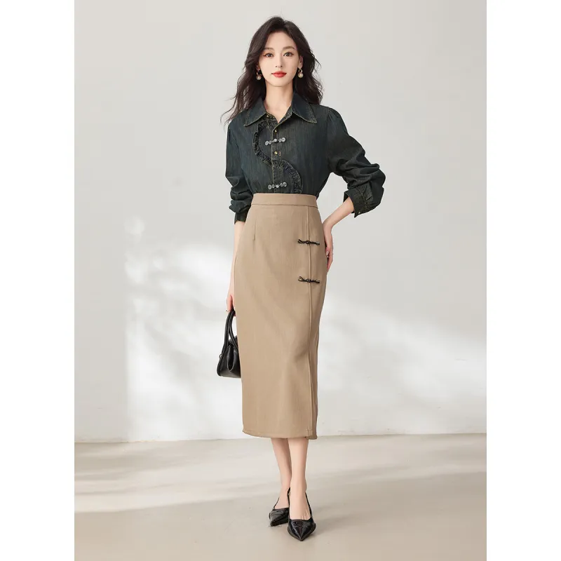 Like The Age Of Water Spring Summer Fall Long Sleeved Dresses Straight Women's Khaki-2