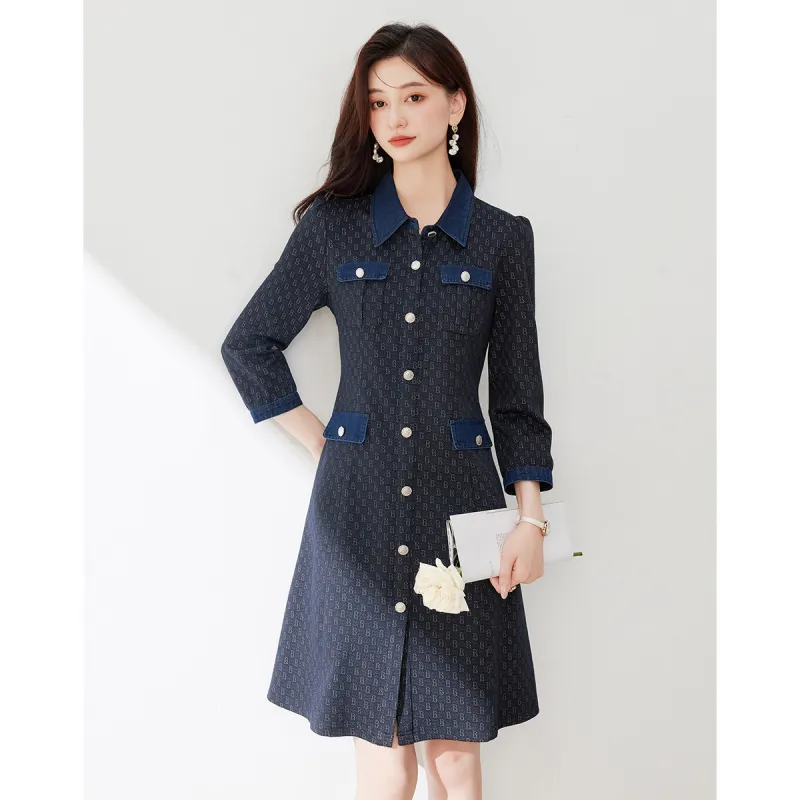 Like The Age Of Water Long Sleeved Dress Loose Fit Women's Navy Blue-4