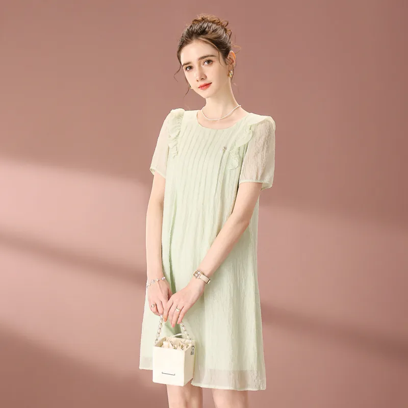 FENHONGMALI Spring, Summer, Fall Short Sleeved Dress Regular Women's Green-3
