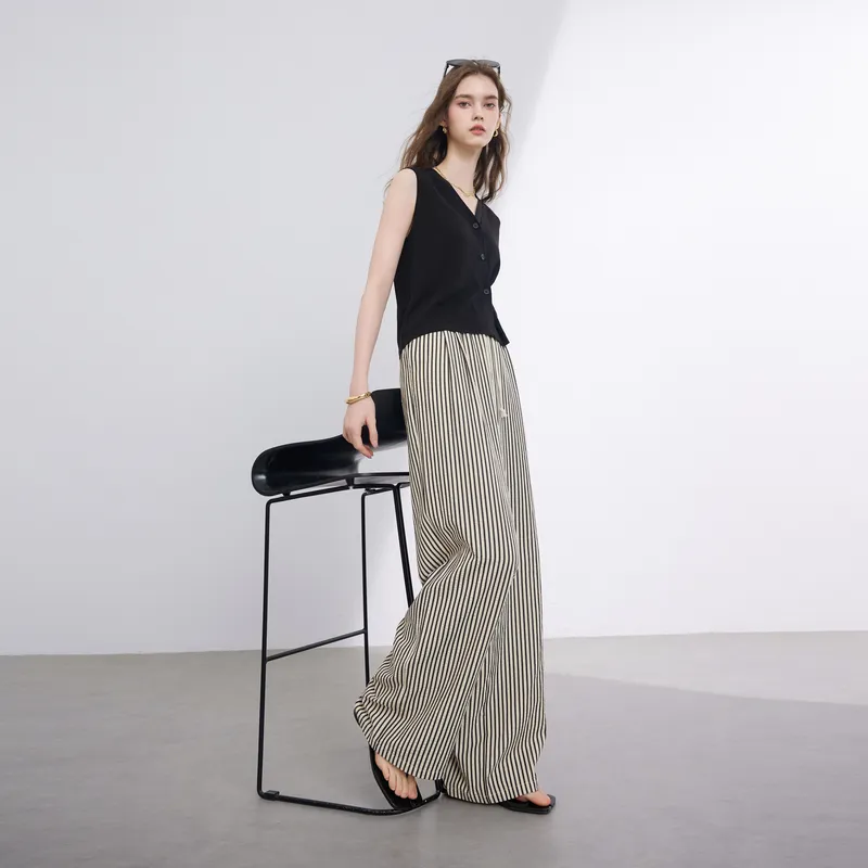 3COLOUR Casual Pants Women's Black Rice Stripes-2