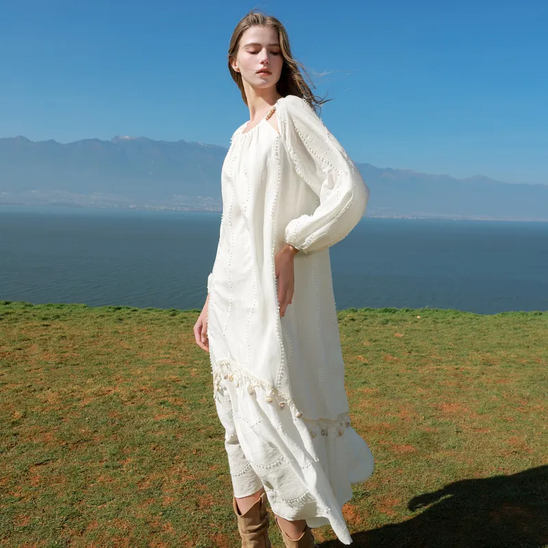 3COLOUR Long Sleeved Dresses Women's Pearl White-5