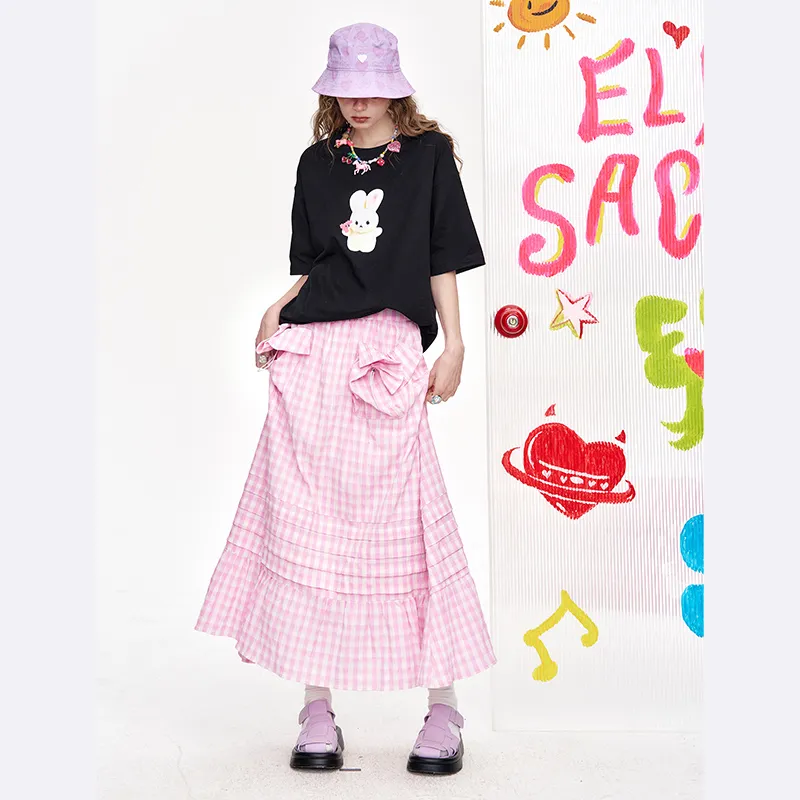 ELF SACK Casual Long Skirt Women's Pink White Plaid-6
